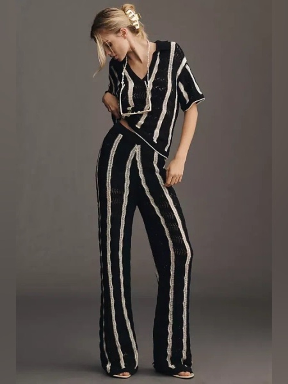Central Park West High-Rise Wide-Leg Crochet Knit Lounge Pants Black White Small